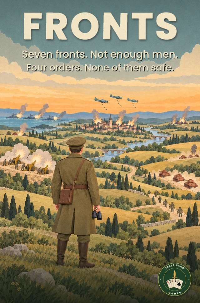 FRONTS board game box, featuring its original illustrated battlefield and False Hand Games logo